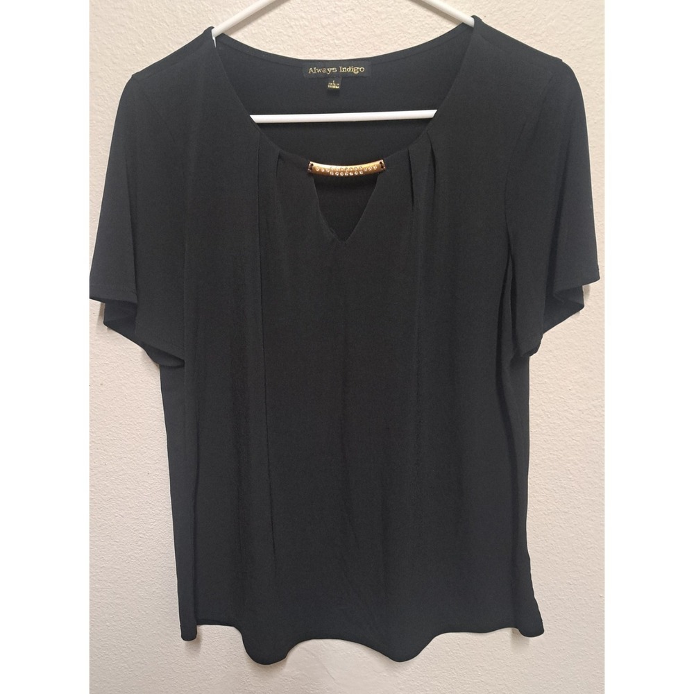 Always Indigo Womens Large Black Blouse Rhinestone Bar Accent Short Sleeve